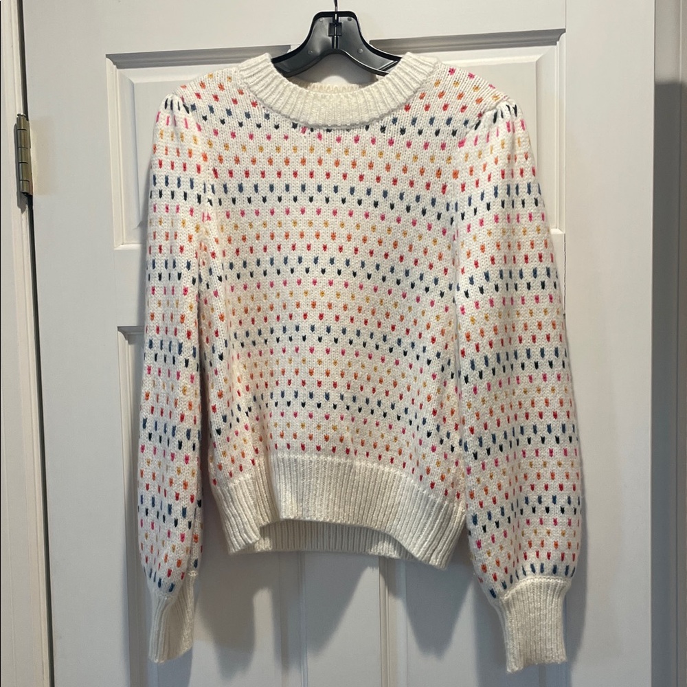 Marine Layer White Sweater with multi-colored polka dots.